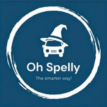 Logo of Oh Spelly with a car wearing a wizard hat.