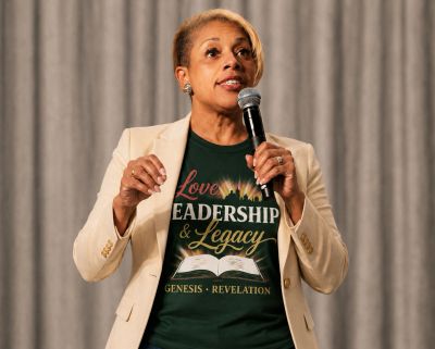Woman speaking confidently with a microphone, wearing a leadership-themed shirt and beige blazer.