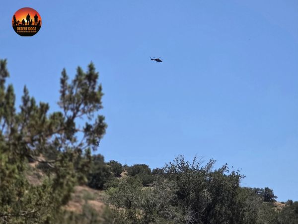 A helicopter flies over a hilly landscape with trees under a clear blue sky.