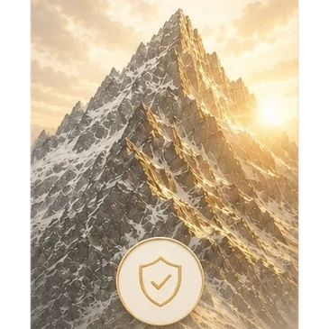 Sunlit snowy mountain peak with a shield icon.