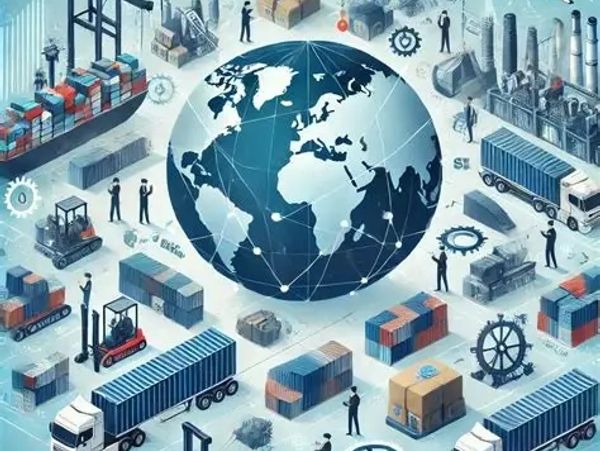 Global logistics and supply chain network with transportation and shipping icons.