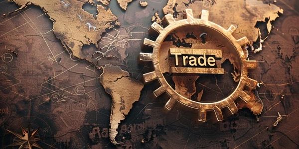 Golden gear with the word 'Trade' over a world map, symbolizing global commerce.