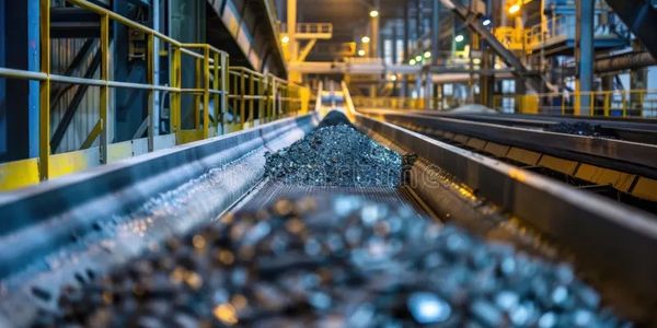 Industrial conveyor transporting metal scraps in a factory.
