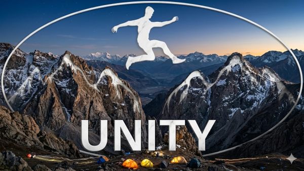 Unity theme with a figure jumping across mountains over a campsite.