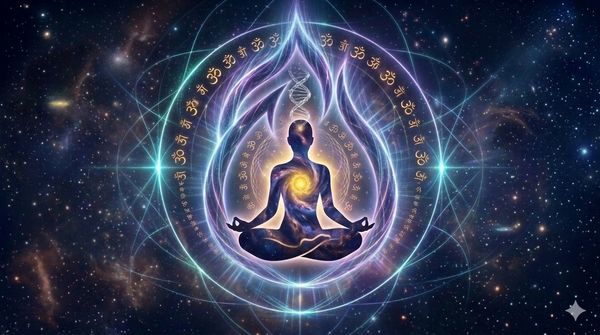 A meditating figure surrounded by cosmic symbols and energy patterns.