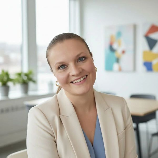 Smiling woman in a beige blazer sitting in a modern office with abstract art.