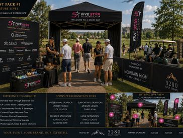 Outdoor event entrance with sponsor banners and attendees.