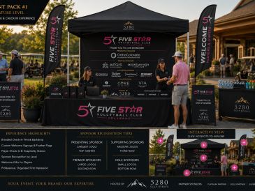 Five Star Volleyball Club event setup with sponsors and information displays.