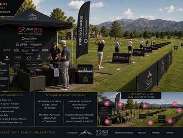 Golf driving range event with sponsor tents and golfers.