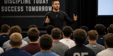Man giving motivational speech to a group of people.