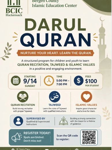 Flyer for Darul Quran Quran recitation and Islamic values program.