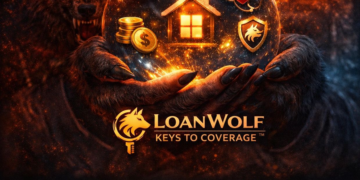 Hand holding a digital house icon surrounded by mortgage and insurance symbols.