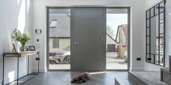 Modern entryway with gray door, large windows, and a dog lying on the floor.