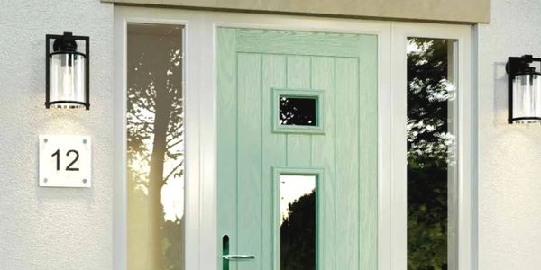 Modern light green front door with glass panels and wall lanterns.