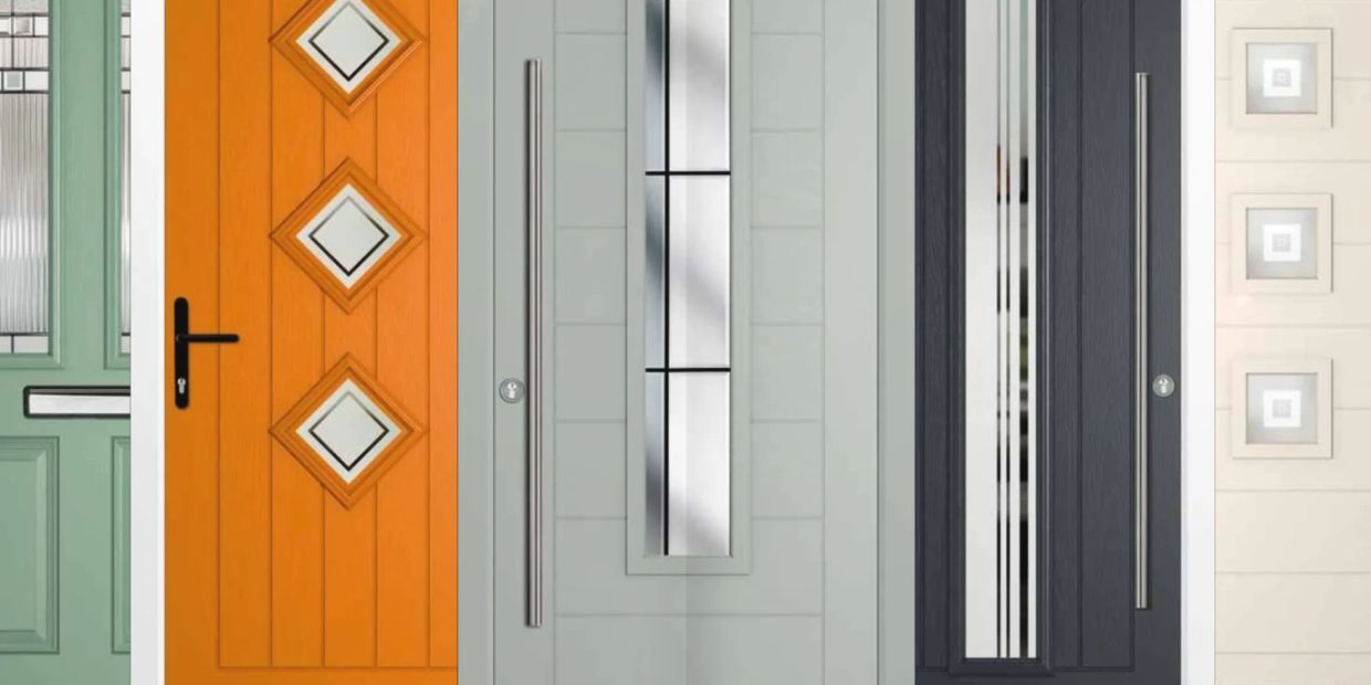 A row of colorful modern front doors with unique designs and glass panels.