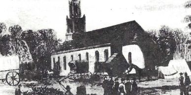 Black and white sketch of a church with people and carriages outside.