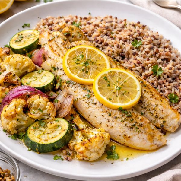 Grilled fish fillet with lemon slices, roasted vegetables, and a serving of mixed wild rice on a white plate.