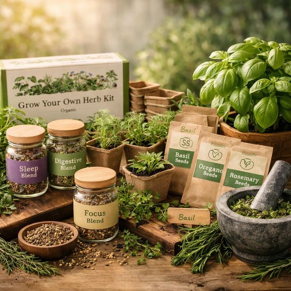 Herb growing kit with seeds, blends, and fresh plants on wooden table.