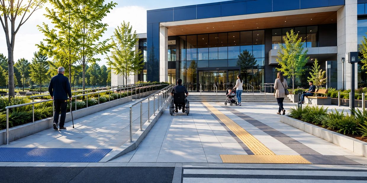 Accessible pathway to a modern public building and visitors with varied mobility needs.