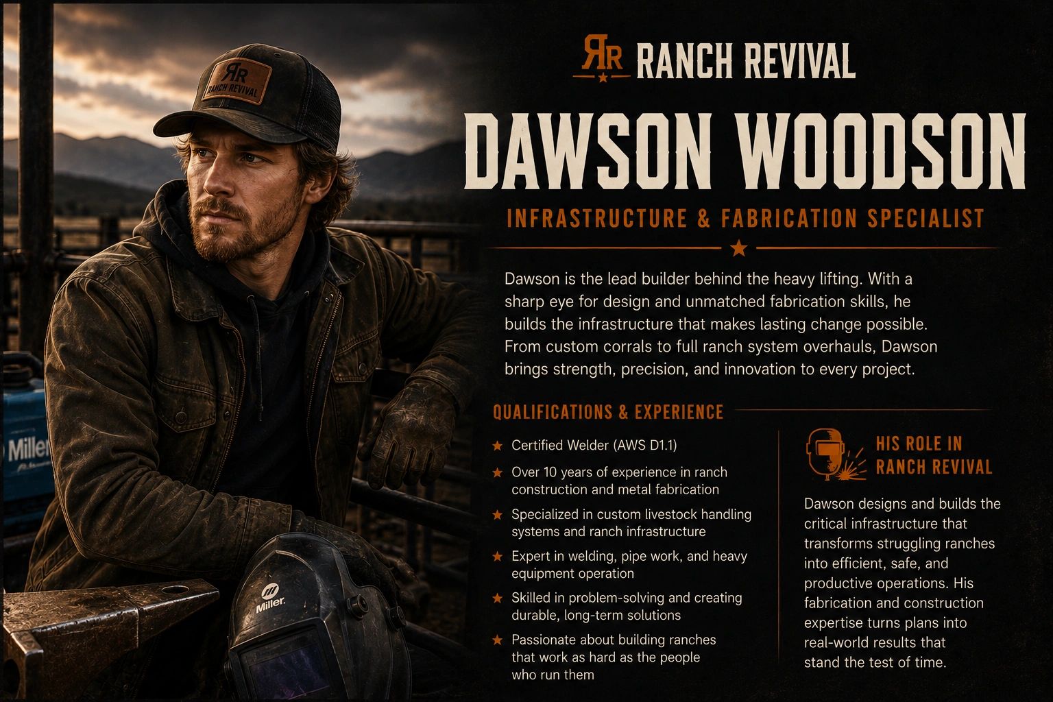 Dawson Woodson, infrastructure and fabrication specialist at Ranch Revival, posing with welding gear.