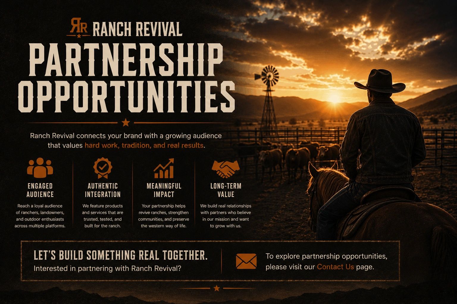 A cowboy on horseback overlooking a sunset ranch scene promoting Ranch Revival partnership opportunities.