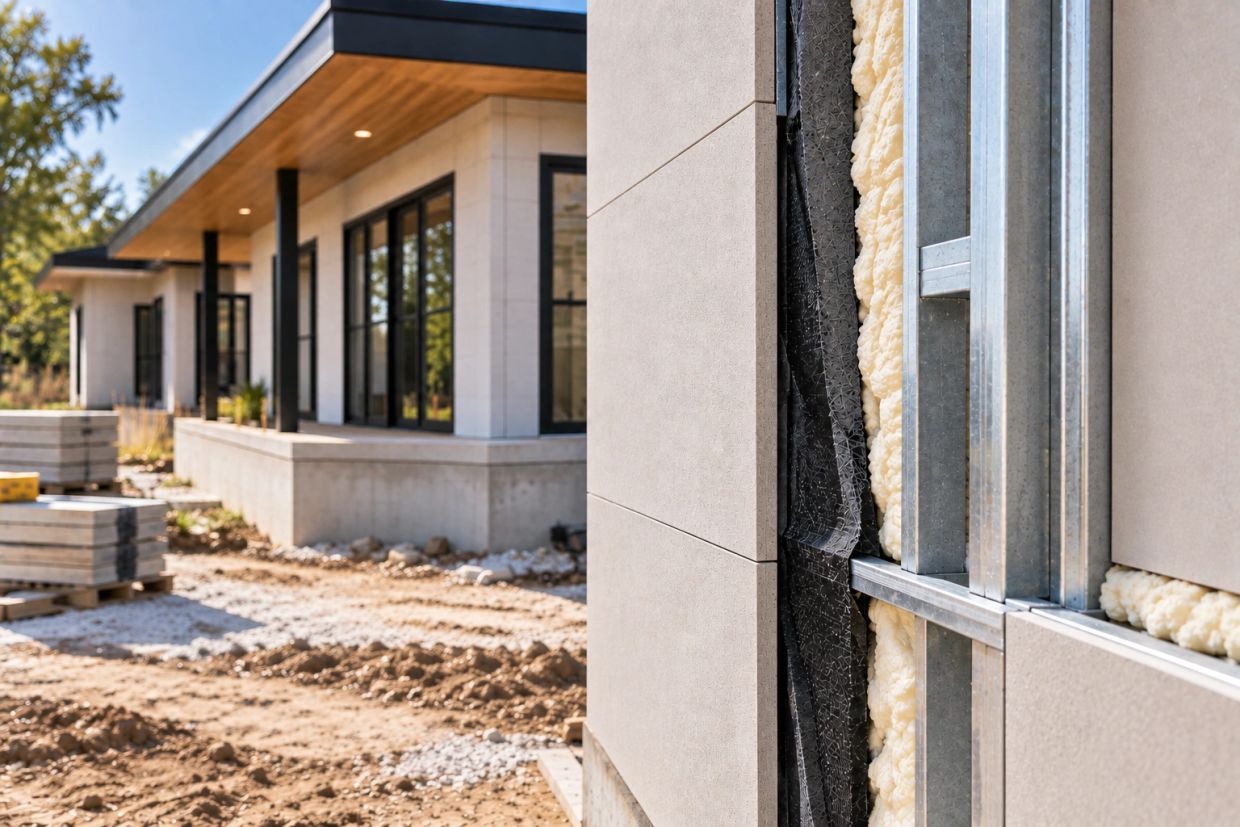 Close-up of exterior wall insulation in new house construction.