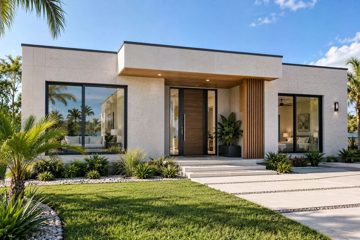 Modern single-story home with large windows and landscaped front yard.