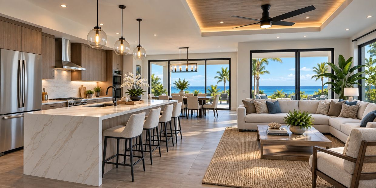 Modern open-plan kitchen and living room with ocean view.