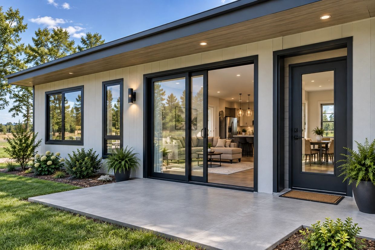 Modern house with glass sliding doors and outdoor patio.
