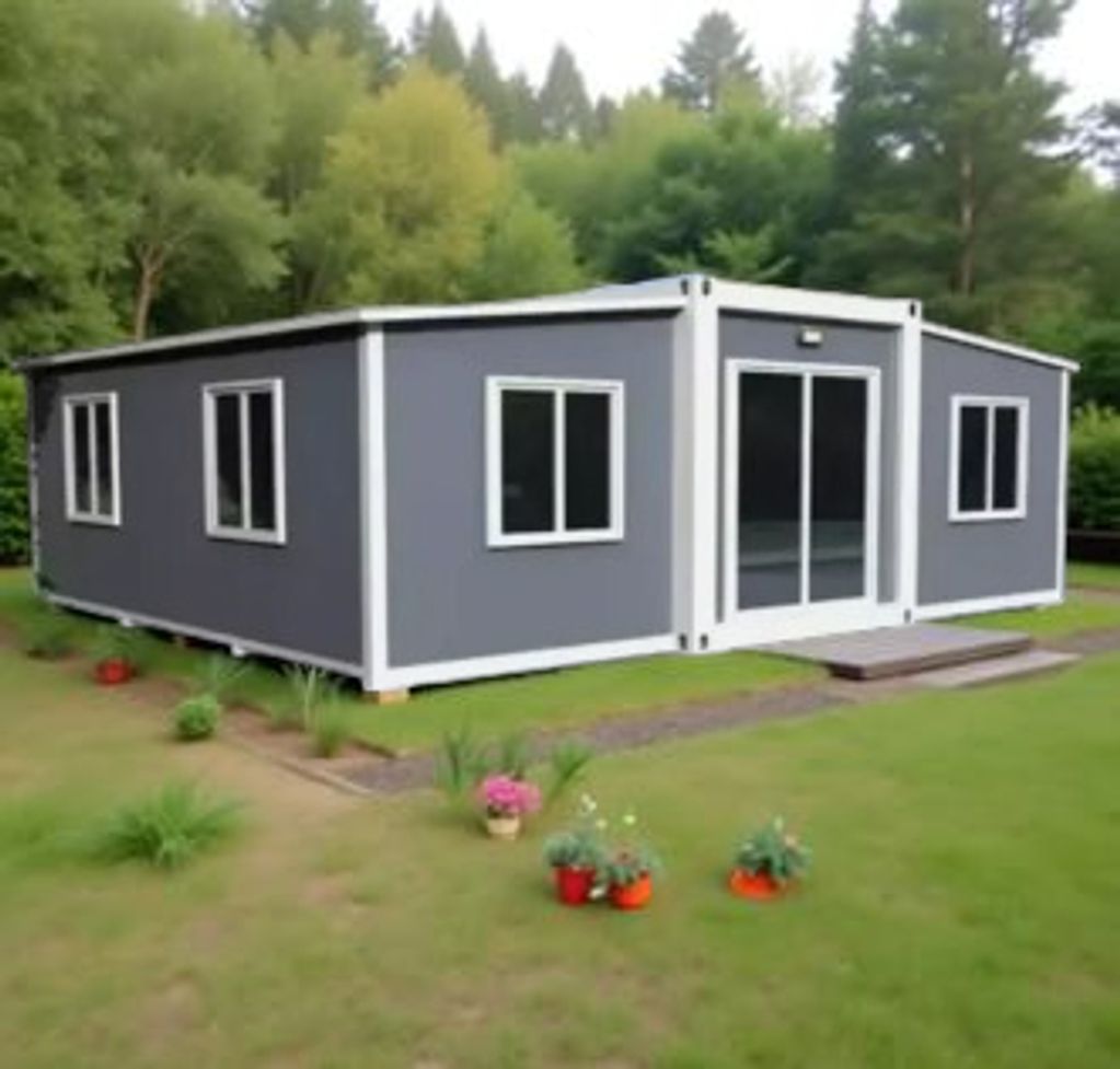 The Sterling 20x20 highlights a light grey exterior with crisp white features and a welcoming porch.