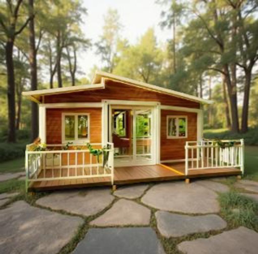 The Hazel 20x20 features a warm light-brown exterior with crisp white accents for timeless charm. Av