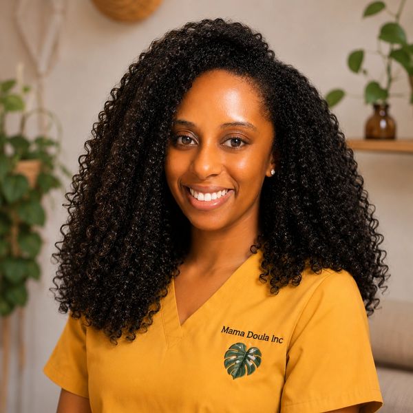 Smiling woman with curly hair in yellow scrubs.