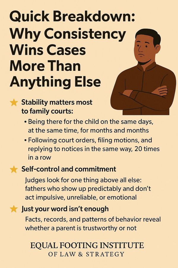 Consistency is key in family courts, with stability, self-control, and reliable behavior winning cases.