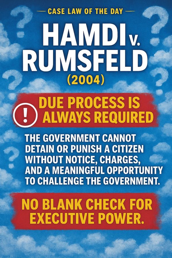 Summary of Hamdi v. Rumsfeld (2004) on due process and executive power limits.
