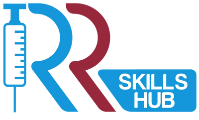 Logo featuring a syringe and the text 'Skills Hub' with stylized letters R in blue and maroon.
