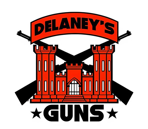 Delaney's Guns logo features a castle and rifles in the background, and a banner over the top.