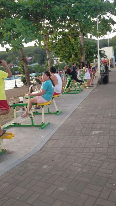 Children and adults using outdoor gym equipment in a park by the water.