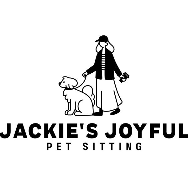 Logo for Jackie's Joyful Pet Sitting with woman and dog illustration.