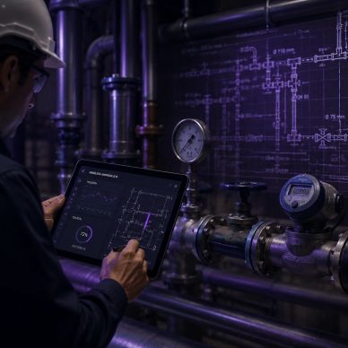Persona revisando planos técnicos con tablet en planta industrial.