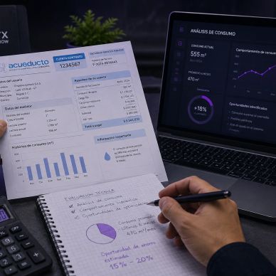 Persona revisando y analizando facturas y gráficos de consumo de agua.