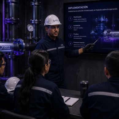 Reunión técnica en planta industrial explicando implementación.