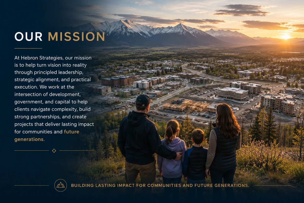 Family overlooking a developing community at sunset, symbolizing future growth and impact.
