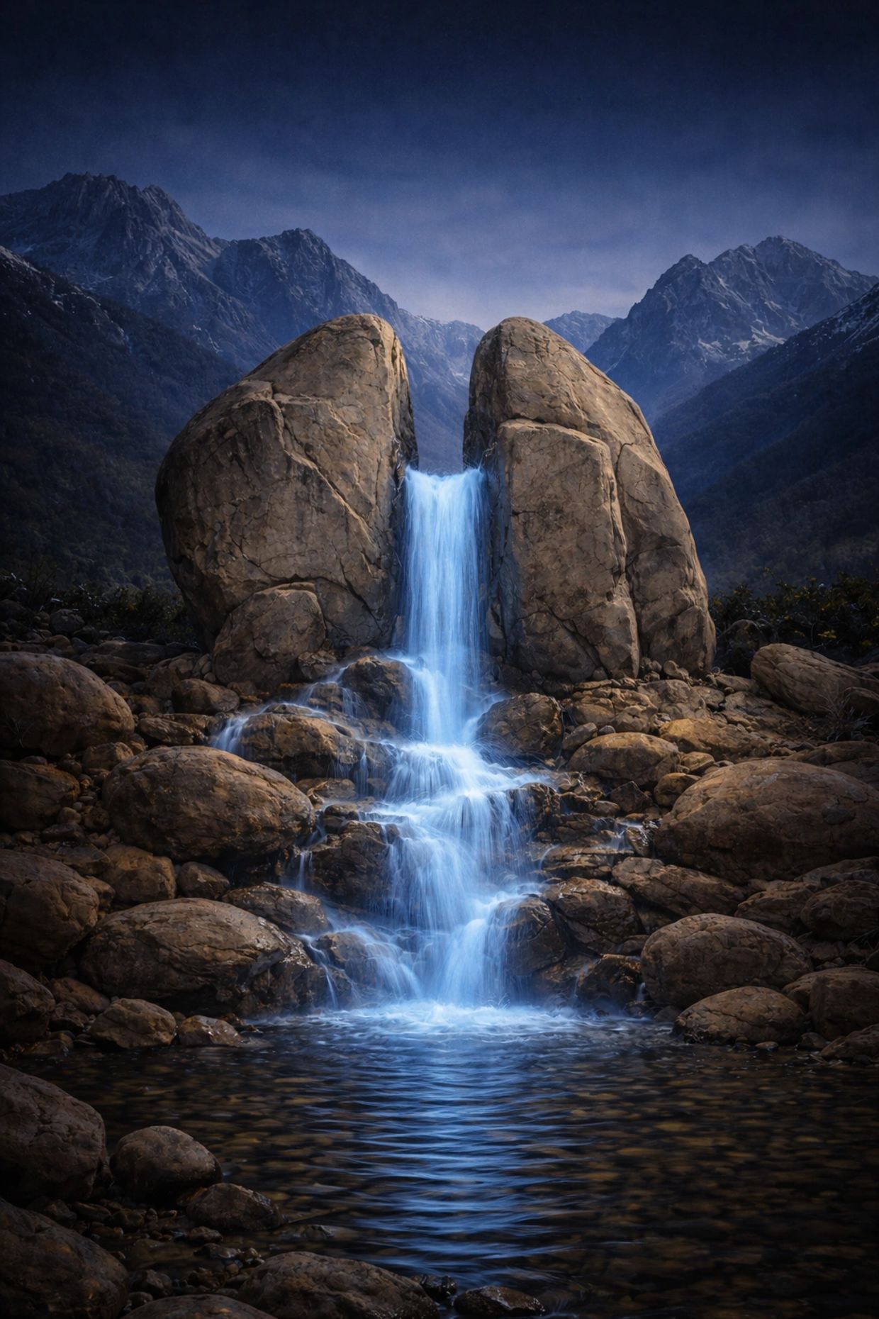 Waterfall flowing between two large rocks in a mountainous area.