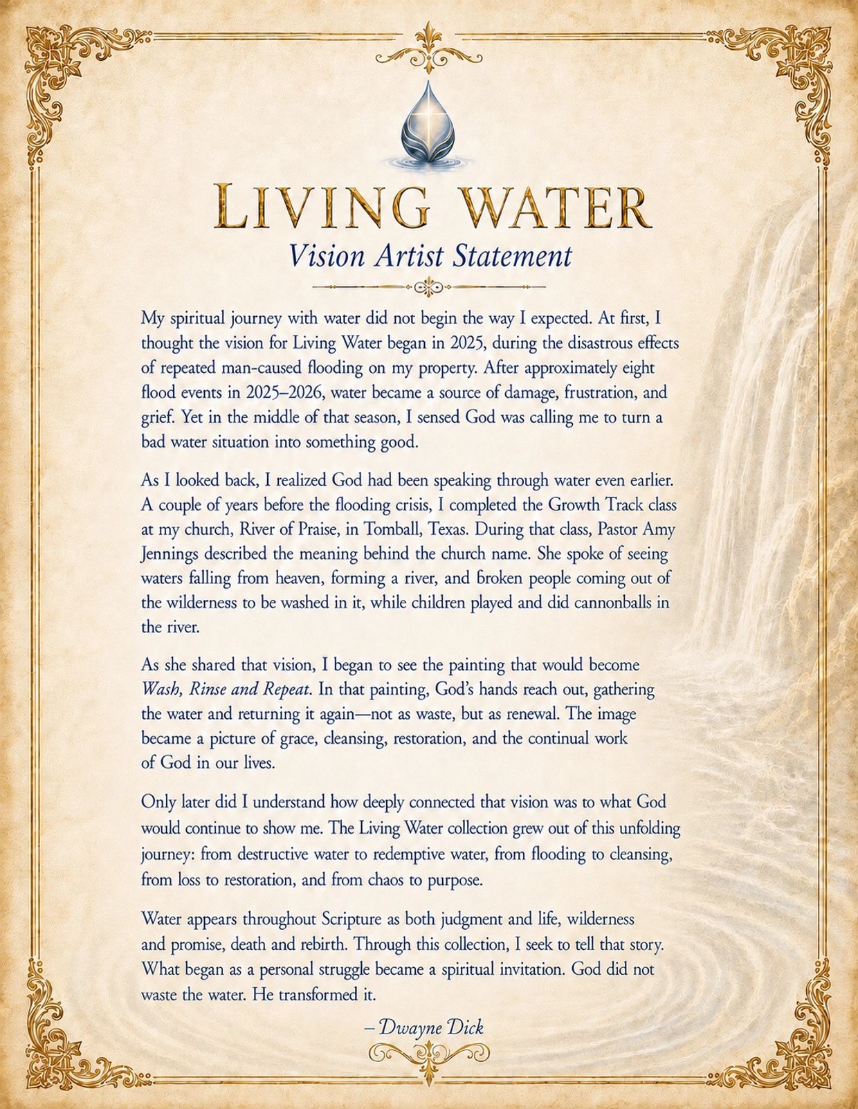 Vision Artist Statement about spiritual journey and transformation through water.