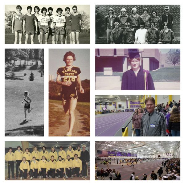 Collage of vintage and recent track and field moments, including athletes, graduation, and competitions.
