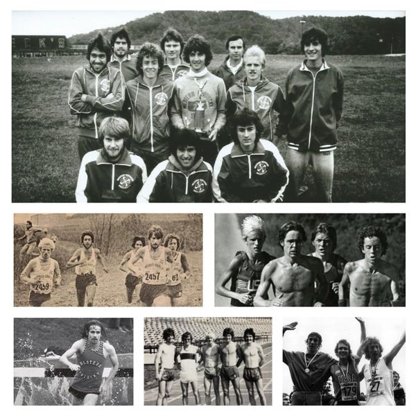 Vintage black-and-white photos of a running team and races from past decades.