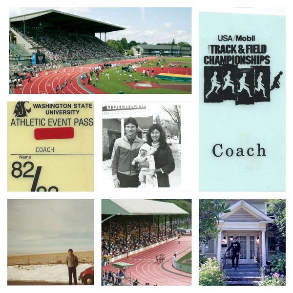 Collage of track and field events, coaching badges, and personal moments.