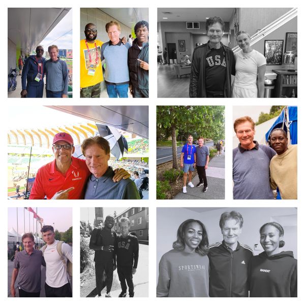 Conan O'Brien posing with various athletes and friends in a collage of photos.