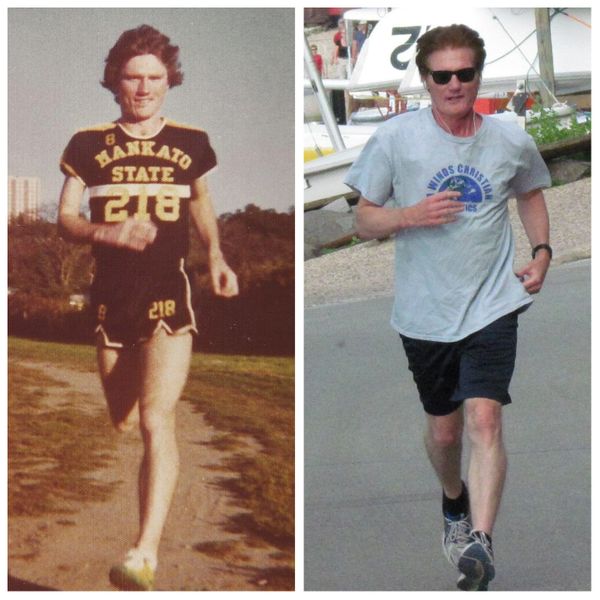 Side-by-side photos of a man running, one from his youth and one from later in life.