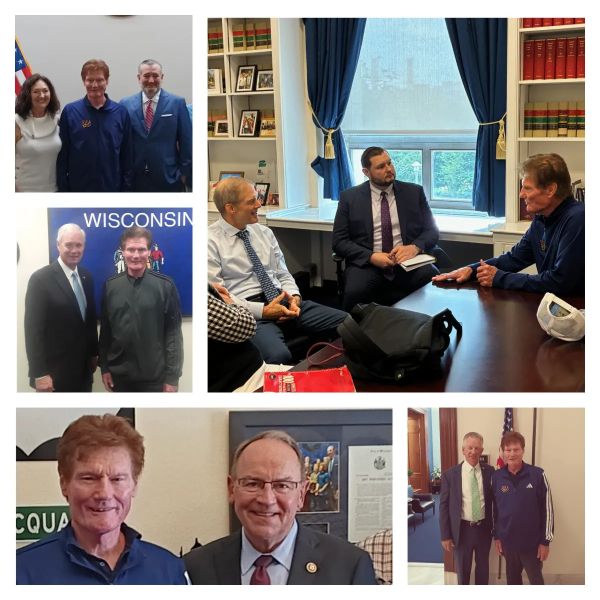 Collage of a man meeting various officials and professionals indoors.